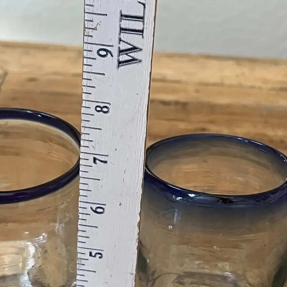 Mexican Hand Blown Goblets Drinking Glasses Cobalt Blue Rim Set of 5